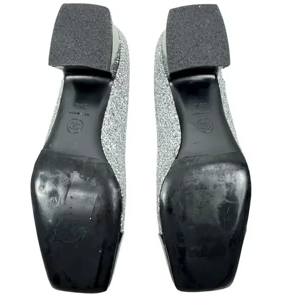 Chanel Glitter Patent Leather Cap Toe Mary Jane Pumps Silver Size 39.5 - Picture 10 of 12
